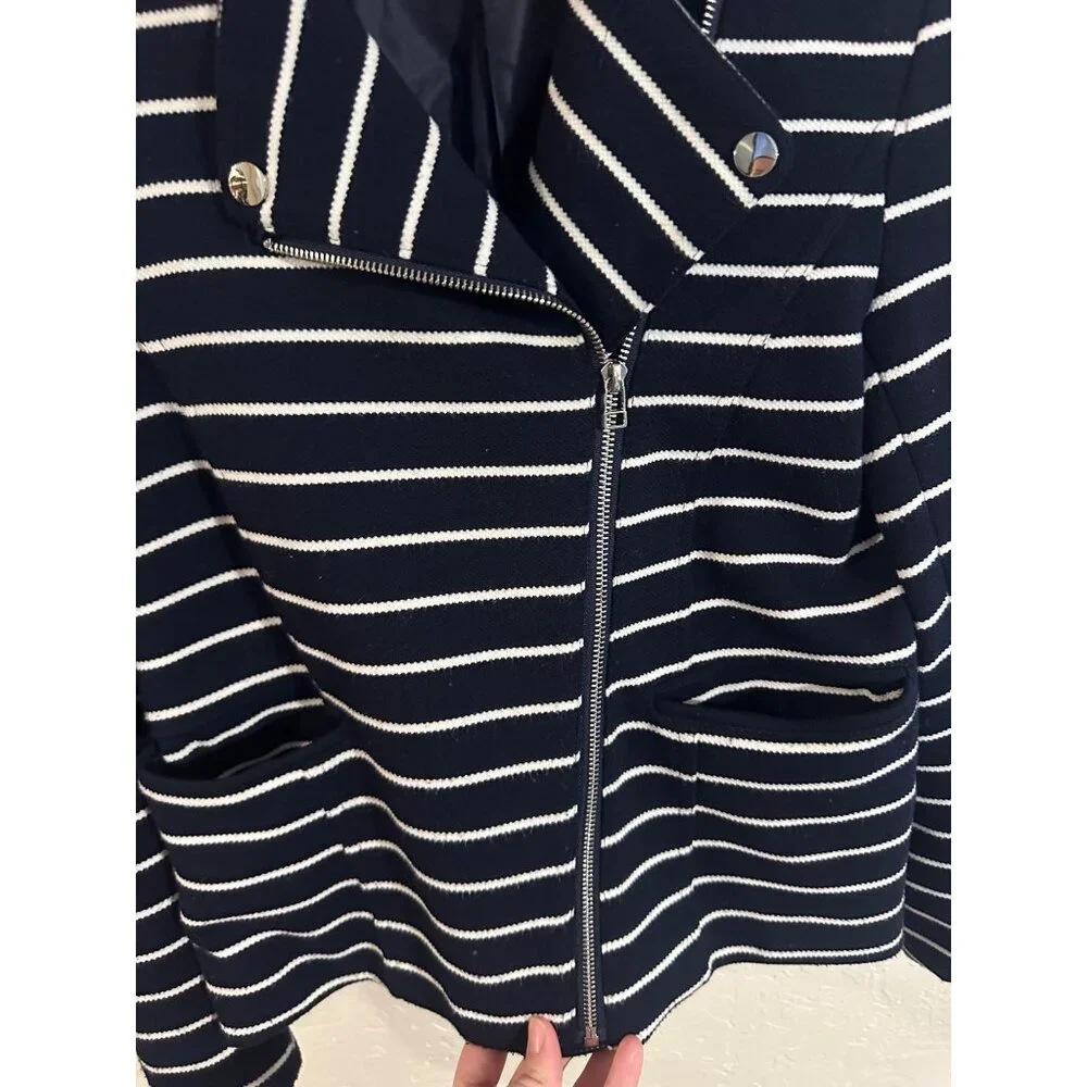 Bagatelle Y Navy & White Pocketed Striped Zipper Moto Sweater Jacket - Picture 9 of 13